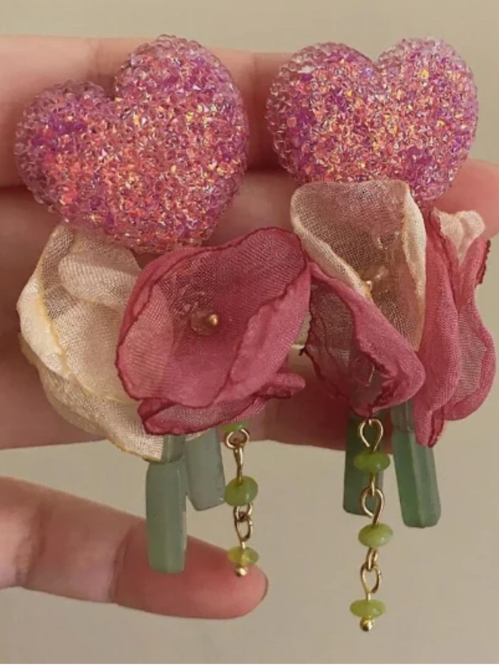 NIKKI B. JEWELS ™️ Pink Glitter Heart Floral Dangle Drop Earrings